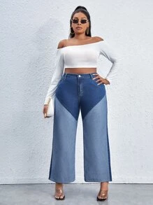 Plus High Waist Colourblock Wide Leg Jeans - Blue - View 3