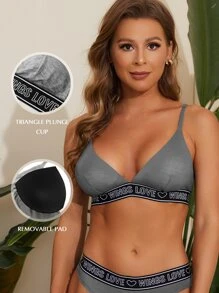 Wingslove Light Support Letter Tape Triangle Plunge Cups Sports Bra - Grey - View 1