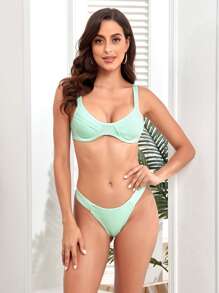 Underwire High Cut Summer Beach Bikini Set - Mint Green - View 1