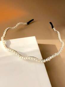 人造珍珠裝飾髮箍 - 白色 - 查看 2