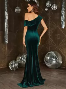 One Shoulder Ruched Wrap Hem Velvet Prom Dress - Dark Green - View 2