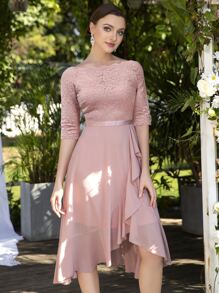 MIUSOL Floral Lace Boat Neck Sleeveless Chiffon Ruffle Hem Swing Dress For Party - Dusty Pink - View 7