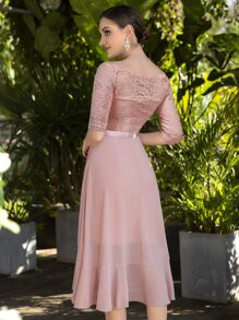 MIUSOL Floral Lace Boat Neck Sleeveless Chiffon Ruffle Hem Swing Dress For Party - Dusty Pink - View 3