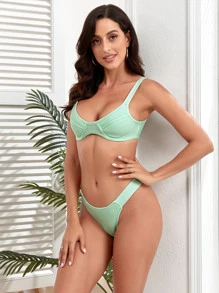 Underwire High Cut Summer Beach Bikini Set - Mint Green - View 4