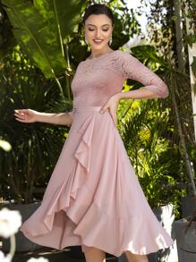 MIUSOL Floral Lace Boat Neck Sleeveless Chiffon Ruffle Hem Swing Dress For Party - Dusty Pink - View 5