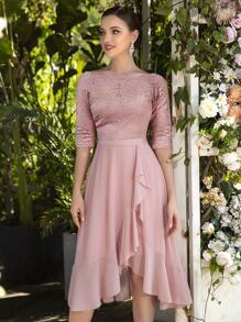 MIUSOL Floral Lace Boat Neck Sleeveless Chiffon Ruffle Hem Swing Dress For Party - Dusty Pink - View 2