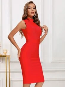 女士新款高领无袖绷带连衣裙，优雅派对装 - 紅色 - 查看 5