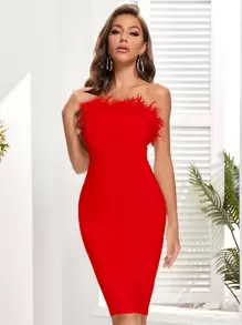 Fuzzy Trim Bodycon Tube Dress - Red - View 1