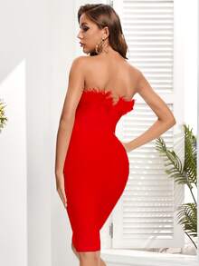 Fuzzy Trim Bodycon Tube Dress - Red - View 2