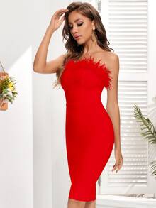 Fuzzy Trim Bodycon Tube Dress - Red - View 3