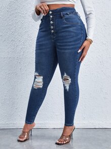 大碼高腰破洞抽鬚緊身牛仔褲 - 中等水洗藍 - 查看 4