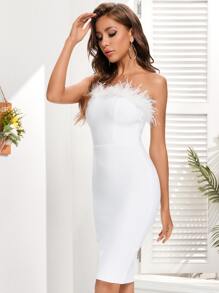 Fuzzy Trim Bodycon Tube Dress - White - View 4