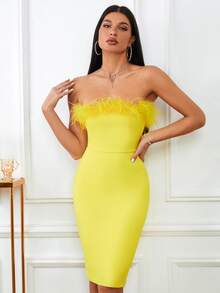 Đầm Dây kéo lông chim màu trơn Hấp dẫn - Màu vàng - Xem 4