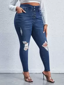 大碼高腰破洞抽鬚緊身牛仔褲 - 中等水洗藍 - 查看 1