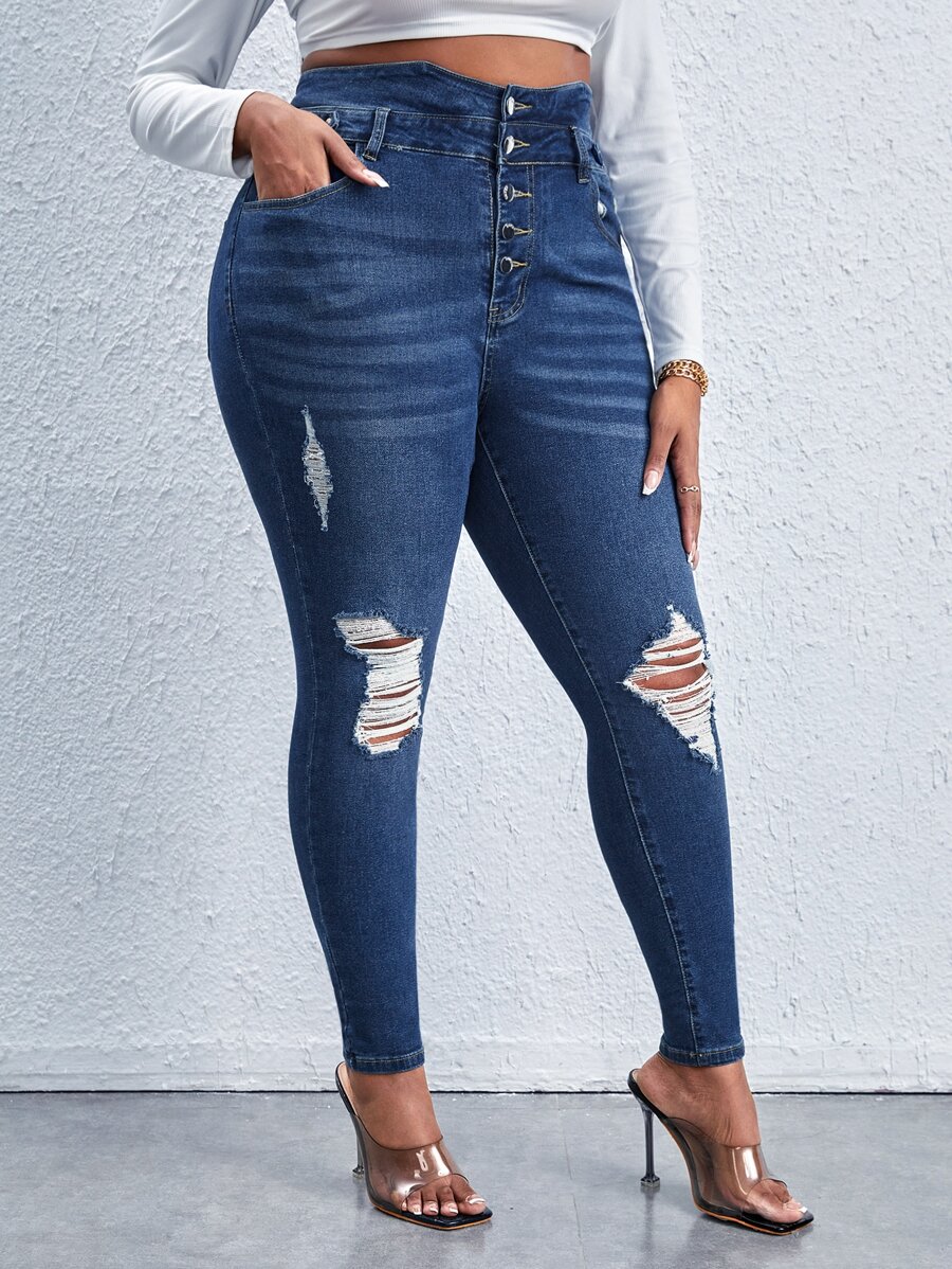 大碼高腰破洞抽鬚緊身牛仔褲 - 中等水洗藍 - 查看 1