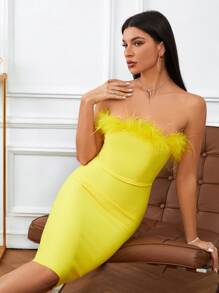 Đầm Dây kéo lông chim màu trơn Hấp dẫn - Màu vàng - Xem 5