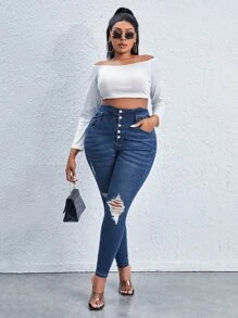 大碼高腰破洞抽鬚緊身牛仔褲 - 中等水洗藍 - 查看 5