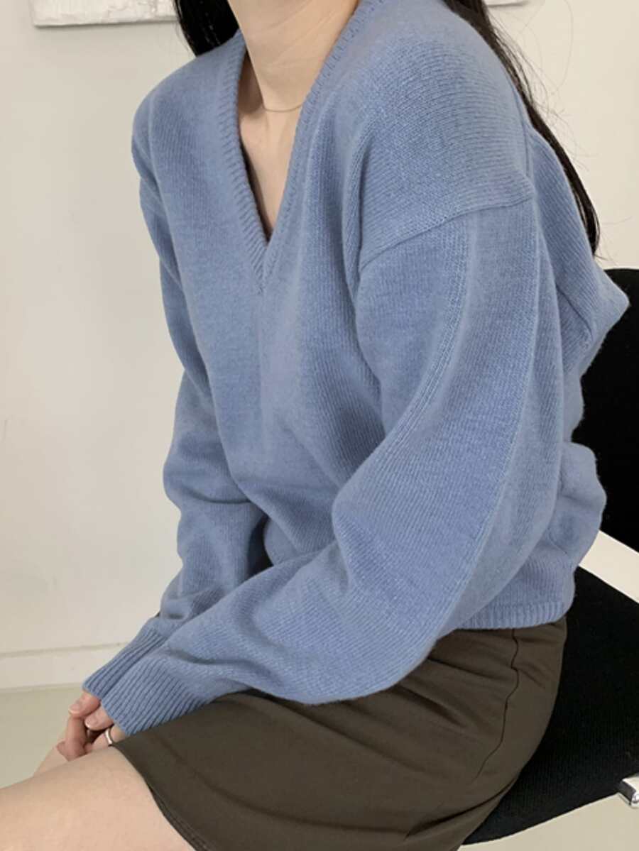 DAZY Solid Drop Shoulder V Neck Jumper - Blue - View 1