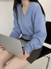 DAZY Solid Drop Shoulder V Neck Jumper - Blue - View 3