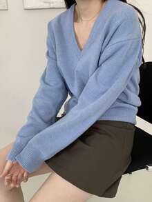 DAZY Solid Drop Shoulder V Neck Jumper - Blue - View 4