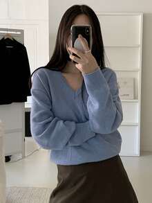 DAZY Solid Drop Shoulder V Neck Jumper - Blue - View 5