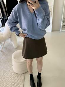 DAZY Solid Drop Shoulder V Neck Jumper - Blue - View 6