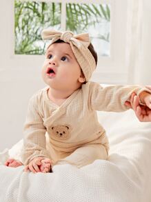 新生兒熊貼布連體衣和褲子 - 杏色 - 查看 1