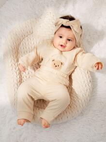 新生兒熊貼布連體衣和褲子 - 杏色 - 查看 7