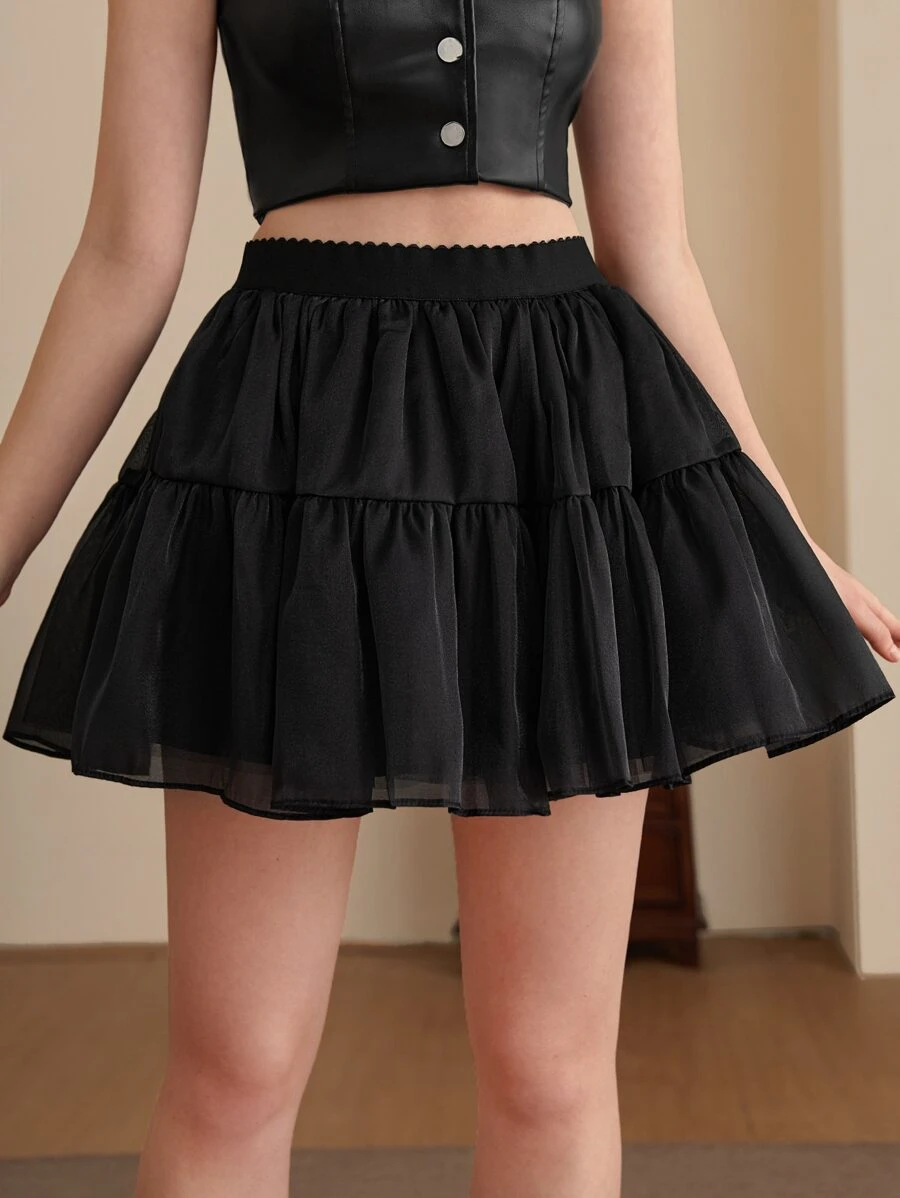 SHEIN MOD Elastic Waist Flare Skirt - Black - View 1