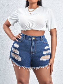 SHEIN SXY 大碼破洞毛邊緣牛仔短褲 - 中等水洗藍 - 查看 3