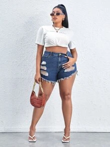 SHEIN SXY 大碼破洞毛邊緣牛仔短褲 - 中等水洗藍 - 查看 6