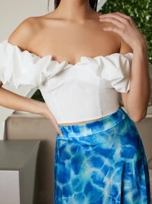 BizChic 一字肩荷葉邊泡泡袖短款上衣工作服 - 白色 - 查看 6