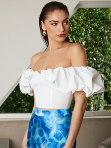 BizChic 一字肩荷葉邊泡泡袖短款上衣工作服 - 白色 - 查看 4