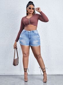 SHEIN SXY Plus Ripped Roll Up Hem Denim Shorts - Light Wash - View 6