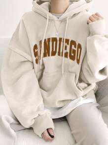 DAZY Letter Graphic Kangaroo Pocket Drop Shoulder Drawstring Hoodie Without Tee - Beige - View 2