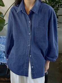 DAZY Drop Shoulder Pocket Patched Denim Shirt,Back To School Clothes,Jeans Jacket,Fall Women Clothes Long Sleeve Women