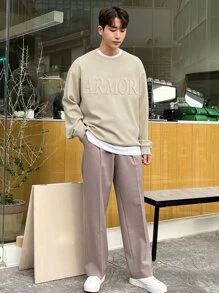 DAZY Hombres Sudadera en relieve de letra de hombros caídos - Caqui - Ver 3