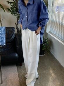 DAZY Drop Shoulder Pocket Patched Denim Shirt,Back To School Clothes,Jeans Jacket,Fall Women Clothes Long Sleeve Women