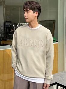 DAZY Hombres Sudadera en relieve de letra de hombros caídos - Caqui - Ver 4