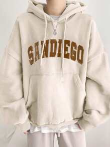 DAZY Letter Graphic Kangaroo Pocket Drop Shoulder Drawstring Hoodie Without Tee - Beige - View 1