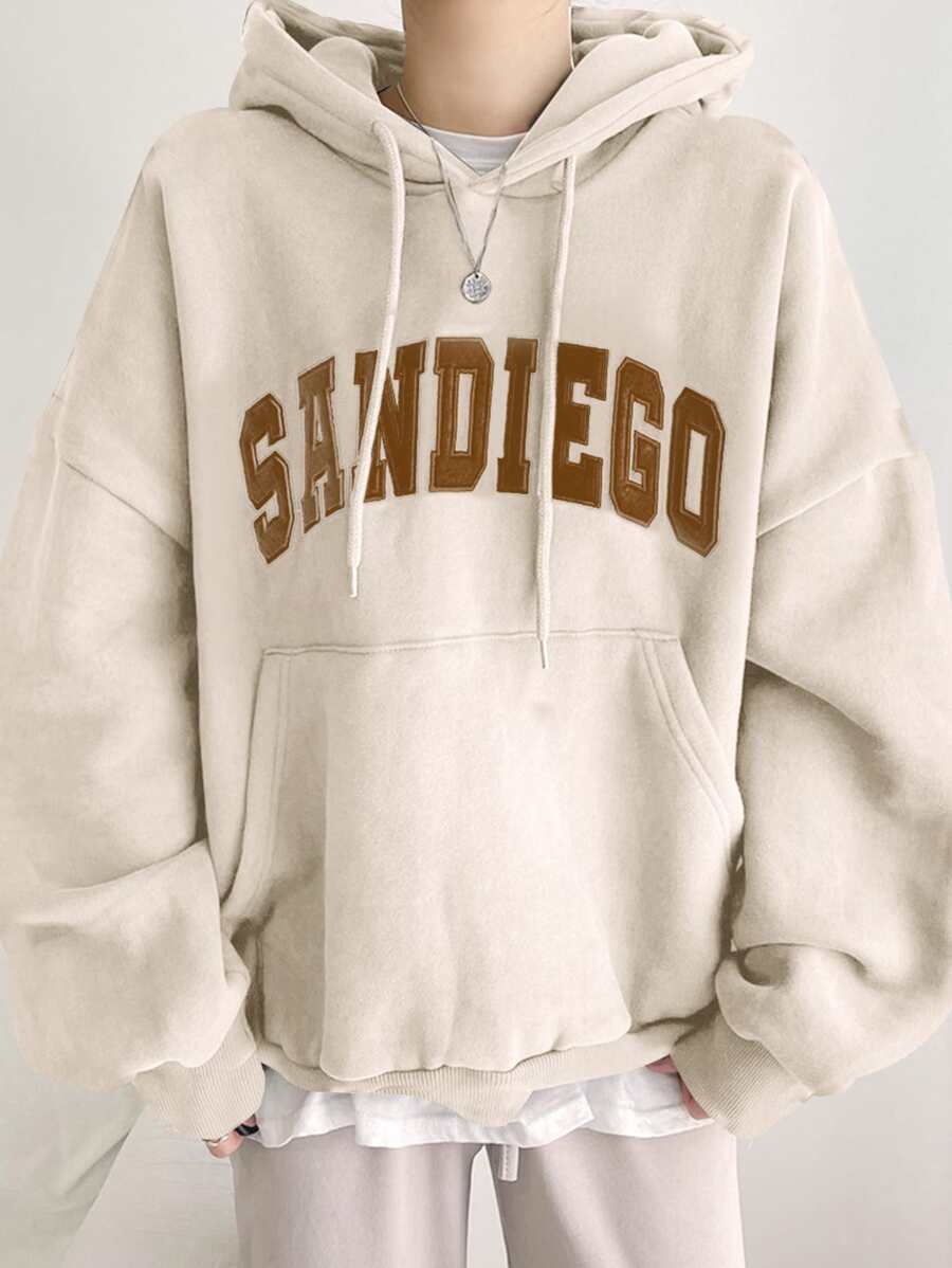 DAZY Letter Graphic Kangaroo Pocket Drop Shoulder Drawstring Hoodie Without Tee - Beige - View 1