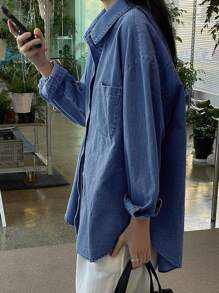 DAZY Drop Shoulder Pocket Patched Denim Shirt,Back To School Clothes,Jeans Jacket,Fall Women Clothes Long Sleeve Women