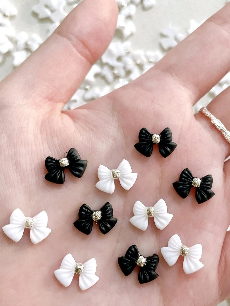 30入組黑白拼色蝴蝶結美甲裝飾DIY美甲鑽石指甲供應品 - 彩色 - 查看 1