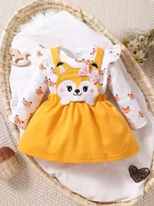 嬰兒卡通圖案荷葉邊T恤和前蝴蝶結背帶裙 - 彩色 - 查看 1