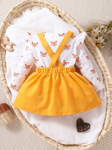 嬰兒卡通圖案荷葉邊T恤和前蝴蝶結背帶裙 - 彩色 - 查看 2