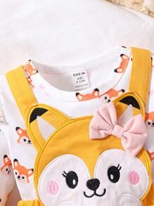 嬰兒卡通圖案荷葉邊T恤和前蝴蝶結背帶裙 - 彩色 - 查看 4