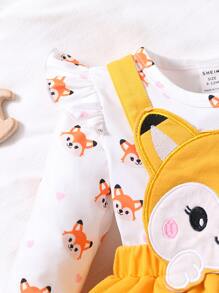 嬰兒卡通圖案荷葉邊T恤和前蝴蝶結背帶裙 - 彩色 - 查看 5