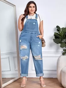 EMERY ROSE Plus Ripped Slant Pocket Denim Dungarees Without Top - Medium Wash - View 2