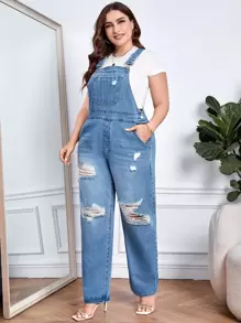 EMERY ROSE Plus Ripped Slant Pocket Denim Dungarees Without Top - Medium Wash - View 4