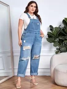 EMERY ROSE Plus Ripped Slant Pocket Denim Dungarees Without Top - Medium Wash - View 5